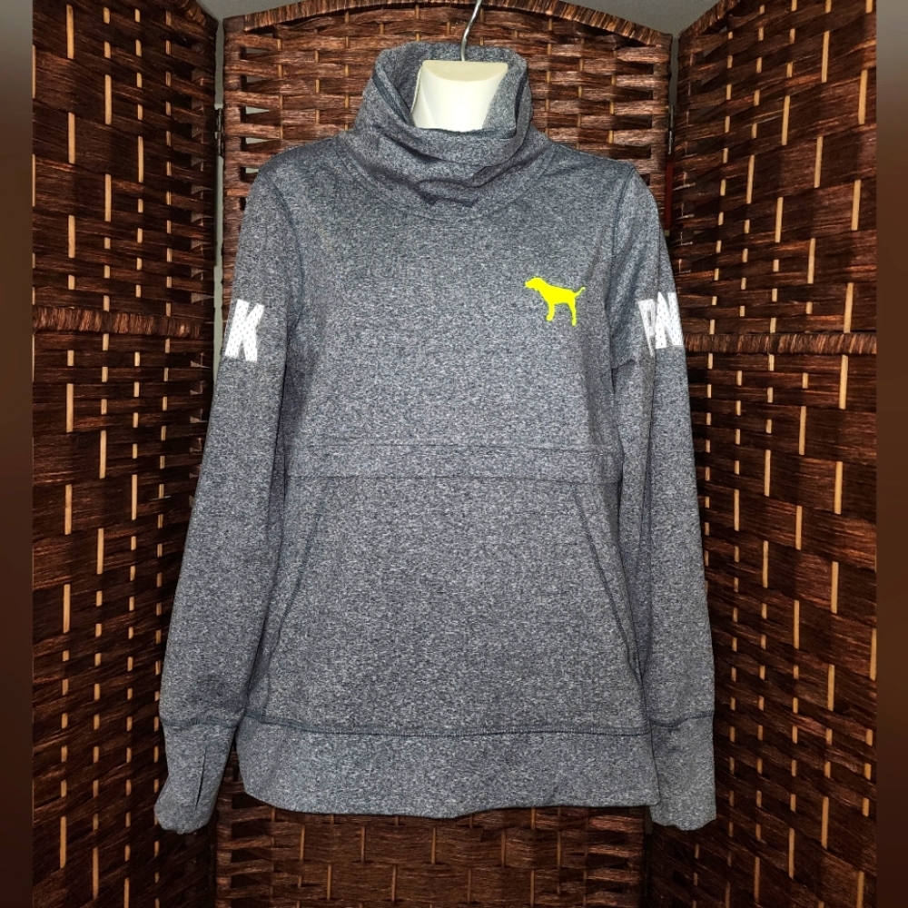 Victoria Secre Pink Women's Pullover Gray/Neon Yellow Mock Neck Athletic Sz Smal - Picture 1 of 8